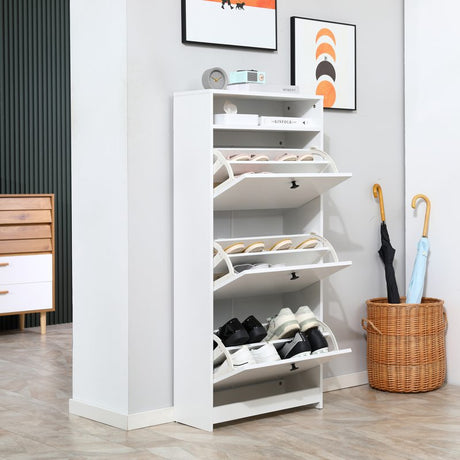 HOMCOM Shoe Cabinet with 3 Flip Doors, 4 Tier Shoe Rack with 1 Open Shelf, Slim Shoe Cupboard for 14-18 Pairs Shoes, for Hallway and Narrow Entrance, 24 x 60 x 132 cm, White