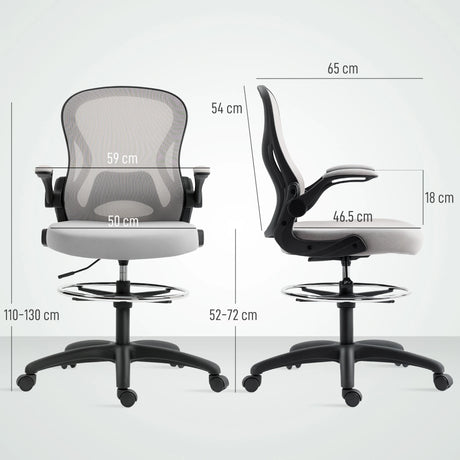 Vinsetto Adjustable Mesh Standing Desk Chair with Flip-up Armrests Lumbar Support Armrests Adjustable Footrest Ring Grey