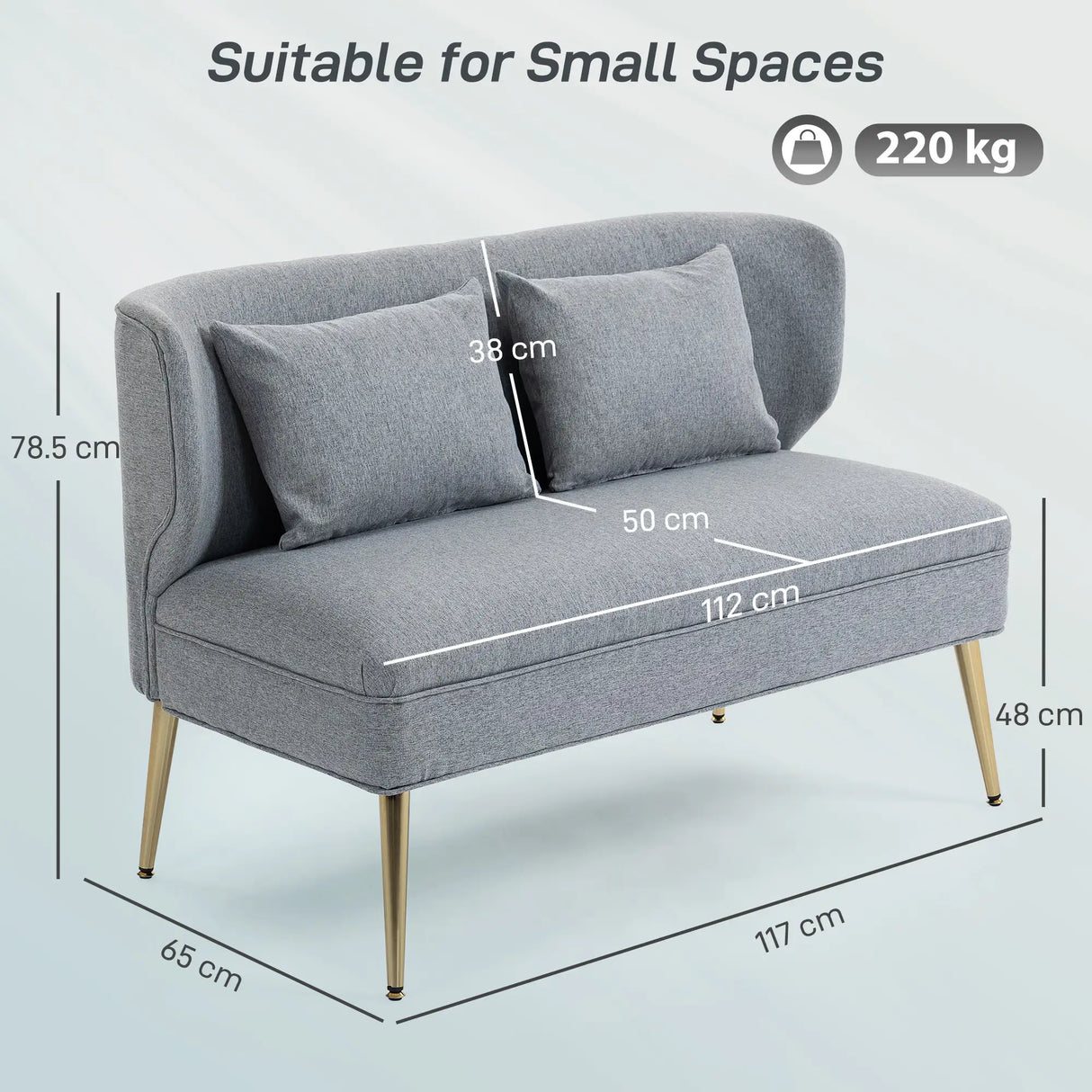 HOMCOM 2 Seater Sofa, Linen-look Fabric Small Sofa with Wing Back, Thick Seat, Metal Legs, Light Grey