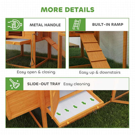 PawHut Wooden Chicken Coop with Run, Nesting Box, Slide-out Tray, Ramp, Perches, Asphalt Roof, 179 x 67 x 115cm