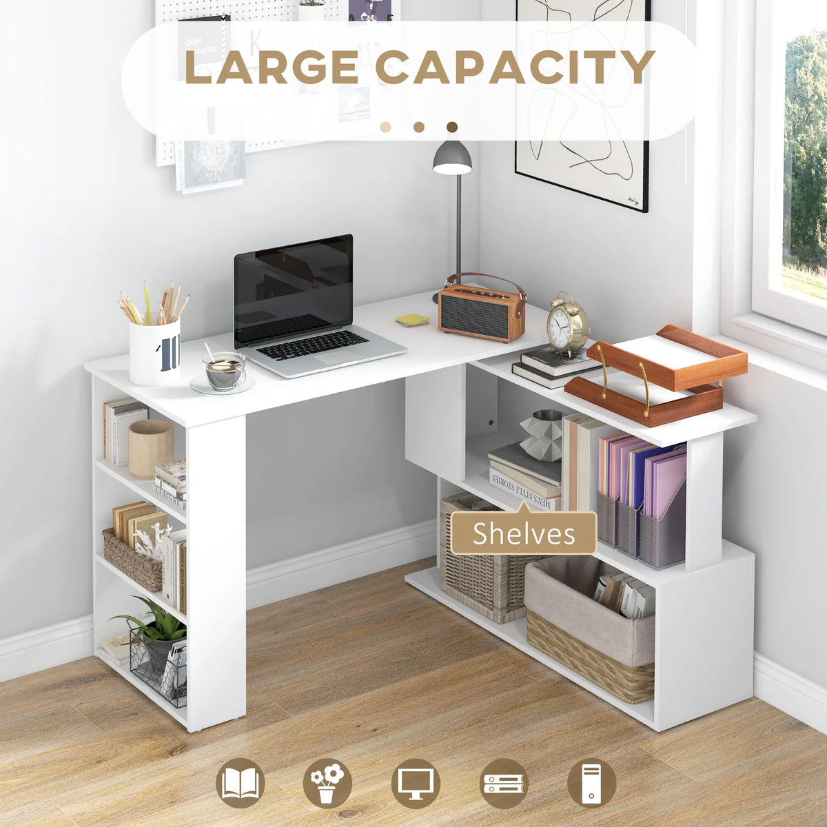 HOMCOM Corner Computer Desk, L Shaped Desk with 360 Rotating Bookshelf, 120L x 110W x 74.5H cm, White