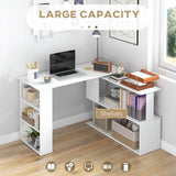 HOMCOM Corner Computer Desk, L Shaped Desk with 360 Rotating Bookshelf, 120L x 110W x 74.5H cm, White