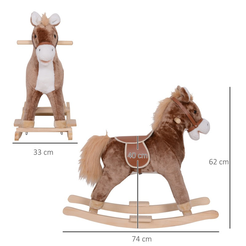 HOMCOM Kids Children Plush Rocking Horse Wooden Base Ride On Toy Rocker with Handle Grip Traditional Toy Fun Gift for Age 3+ (Brown & White)