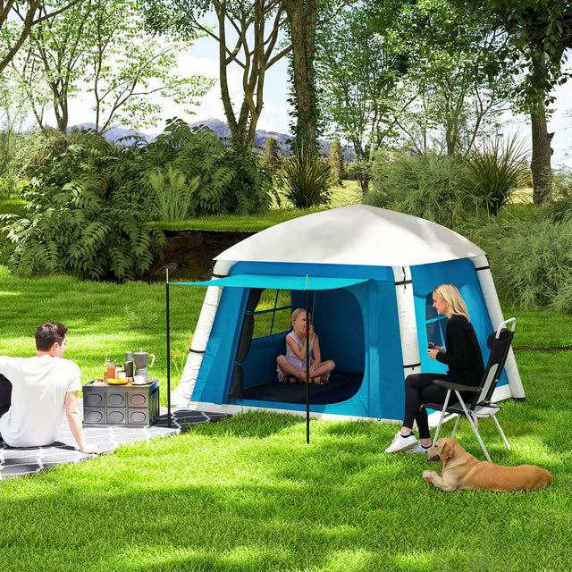 Outsunny Inflatable Camping Tent w/ Hand Pump, Easy Setup 1/2 Person Blow Up Tent Waterproof 190T Taffeta w/ Mesh Windows, Doors and Carry Bag, Light Blue