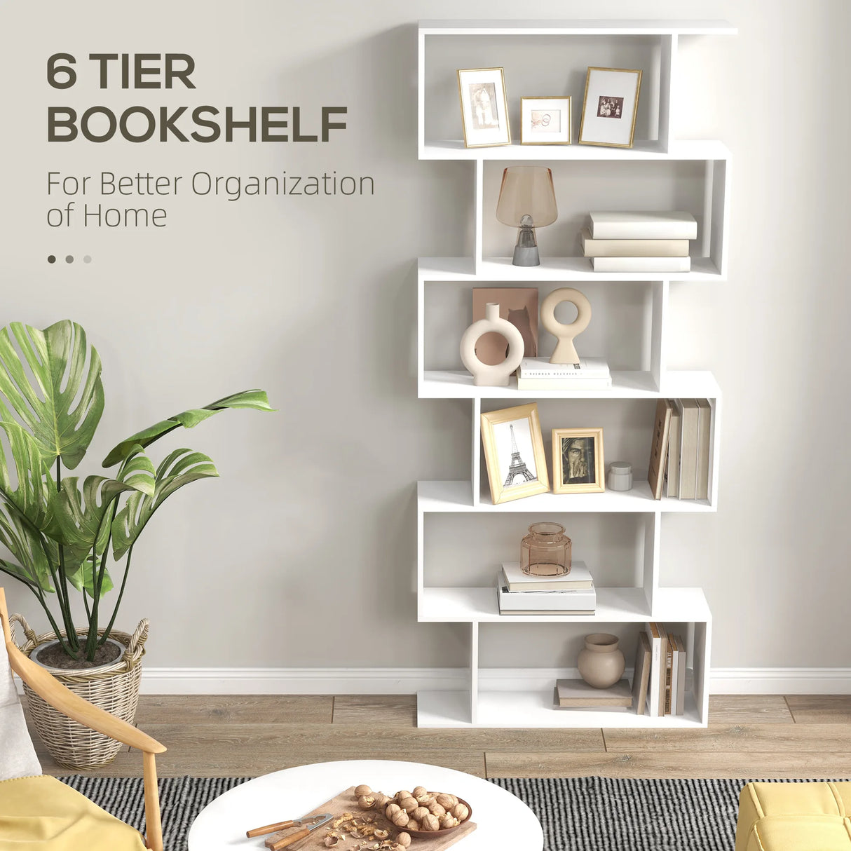 HOMCOM Bookcase, 6 Tier Shelf S Shaped Bookshelf, Storage Unit, Display Shelf for Living Room, Bedroom, Home Office, Plant, White