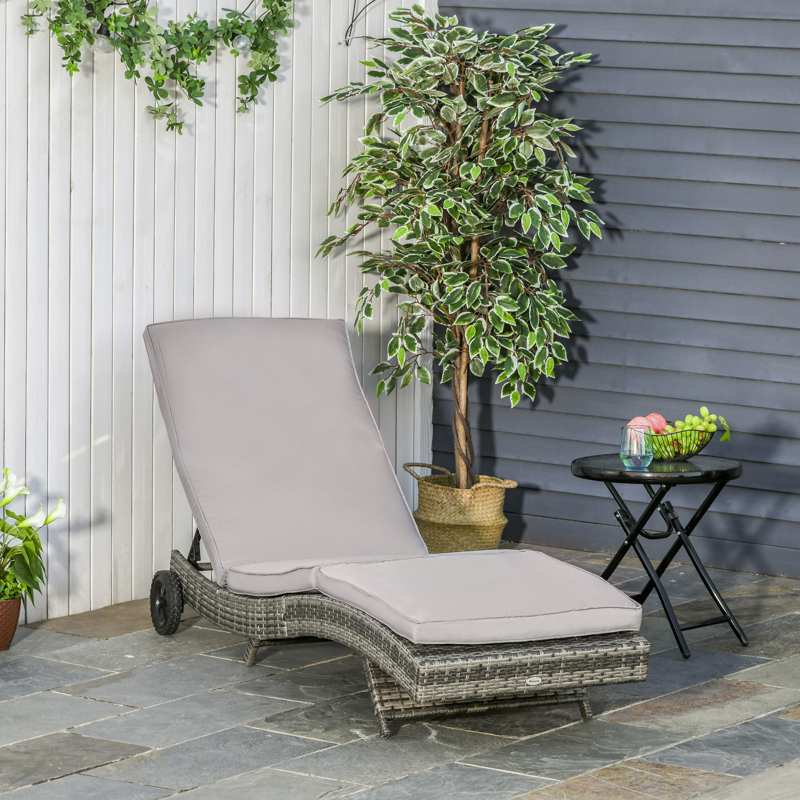 Outsunny Patio Wicker Chaise Lounge Chair, Outdoor PE Rattan Sun Lounger with Adjustable Backrest and 2 Wheels, Grey