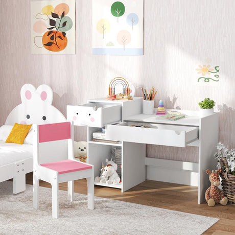 AIYAPLAY Rabbit Themed Kids Desk and Chair Set with Bookcase, Drawers, Storage Shelves, for 3-6 Years, White