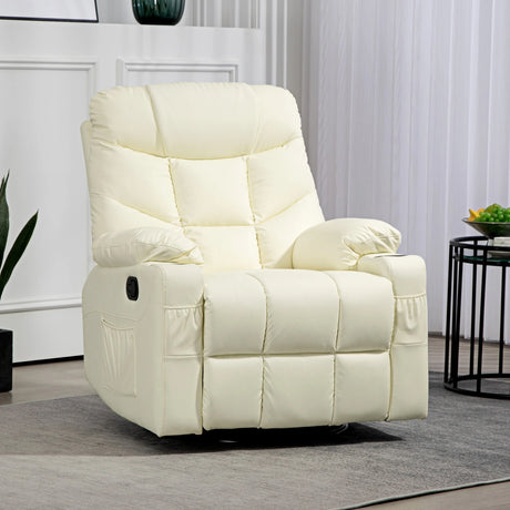 HOMCOM Manual Reclining Chair, Recliner Armchair with Swivel, Faux Leather, Footrest, Cup Holders, 86x93x102cm, Cream