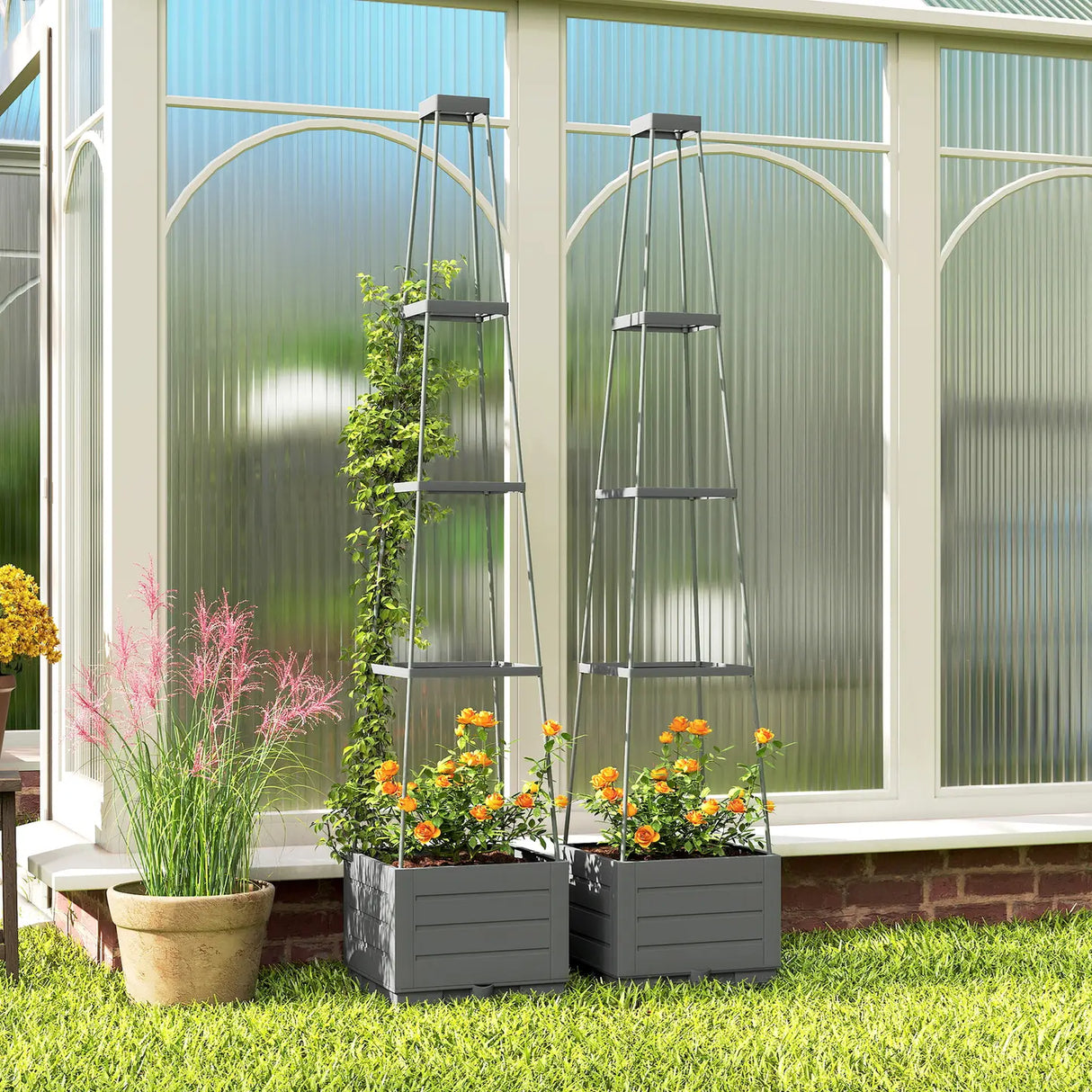 Outsunny 2 Pack Raised Garden Bed with Trellis, Plastic Outdoor Planter Box with Removable Drainage Tray