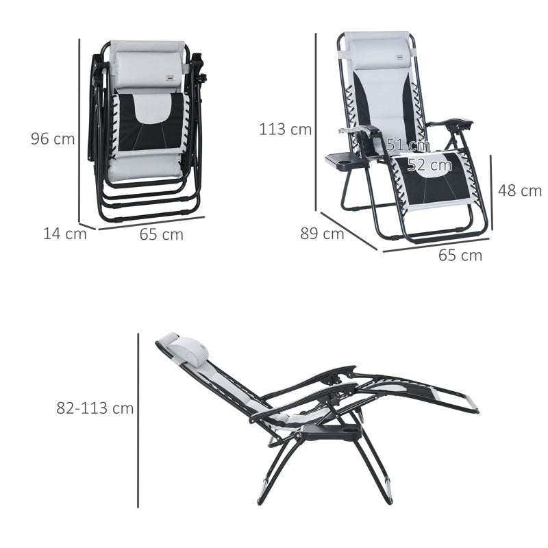 Outsunny Foldable Reclining Garden Chair, Zero Gravity Chair with Padded Seat, Cup Holder, Adjustable Backrest, Pillow for Outdoor, Patio, Deck, Light Grey