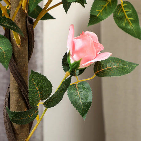 Outsunny Set of 2 Artificial Plants Pink Rose Floral in Pot, Fake Plants for Home Indoor Decor, 90cm