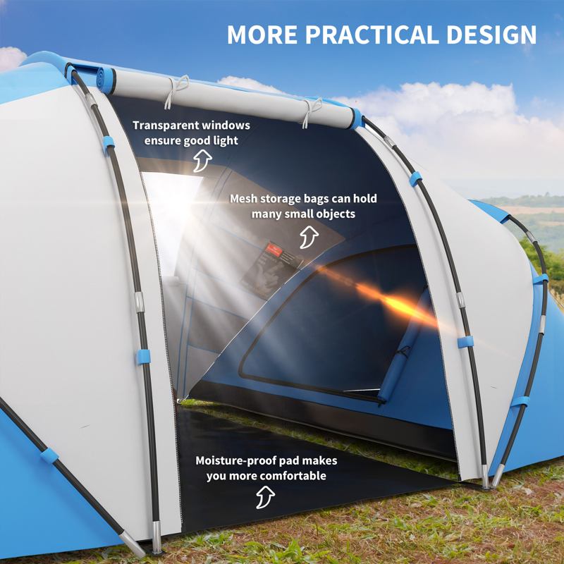 Outsunny 4-6 Man Camping Tent w/ Two Bedroom, Hiking Sun Shelter, UV Protection Tunnel Tent, Blue and White