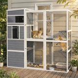 PawHut 4-Tier Wooden Catio Cat Outdoor Enclosure with Sun Roof, Resting Rooms, 3 Platforms, Window Outdoor Indoor, Grey