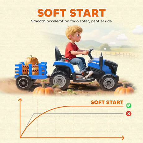 AIYAPLAY 12V Ride on Tractor and Trailer with Remote Control, Music, Shifter, Start-Up Sound, for Kids Ages 3-8 Years, Blue