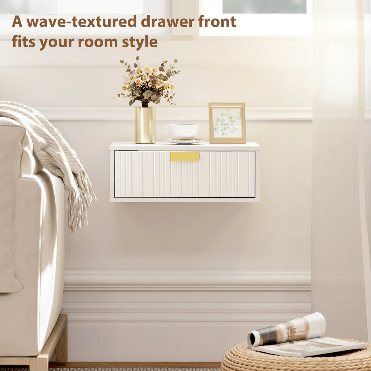 HOMCOM Modern Floating Nightstands Set of 2, Wall Mounted Bedside Tables with Wave Drawer White