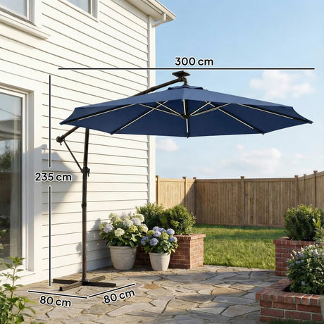 Outsunny 3 m Garden Cantilever Parasol with LED Solar Light, Round Overhanging Umbrella with 360 Rotation, Cover, Navy Blue
