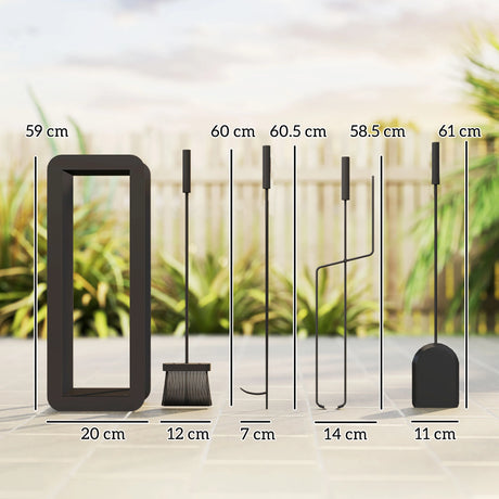 Outsunny 5 Pieces Fireplace Companion Set, Metal Fireplace Accessories Fireside Companion Set with Brush, Shovel, Poker, A Pair of Tongs, Stand, Black