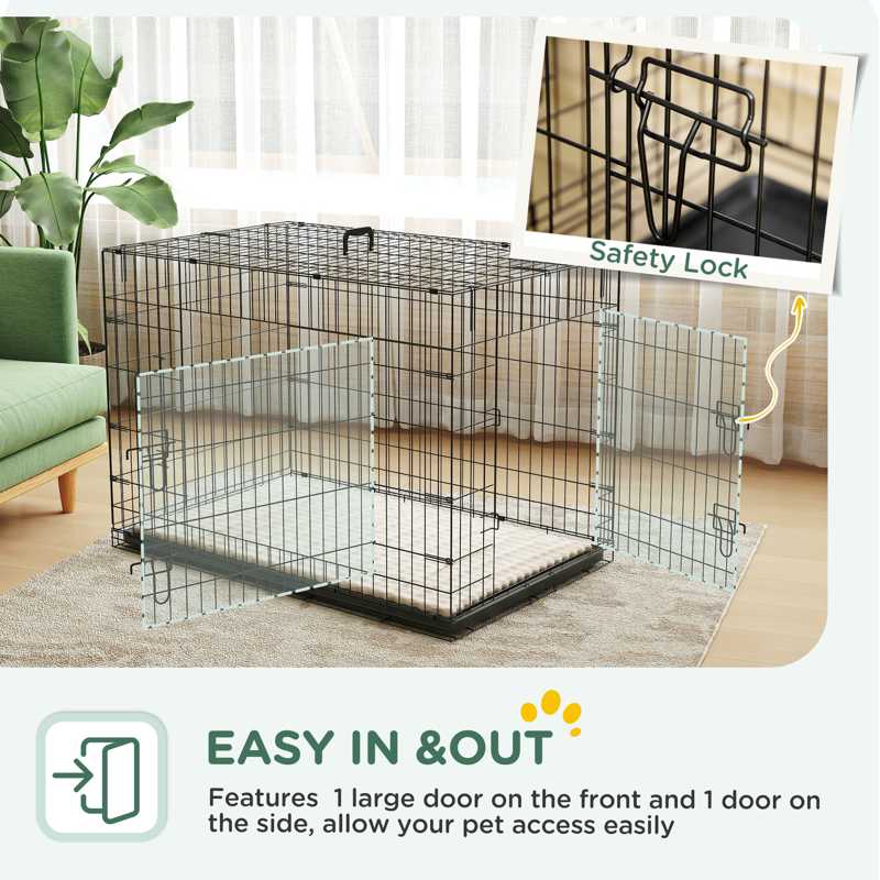 PawHut Dog Crate with 2 Doors with Tray, Soft Cushion, Foldable Metal Dog Cage for Extra and Large Dogs, 105 x 70 x 75, Black