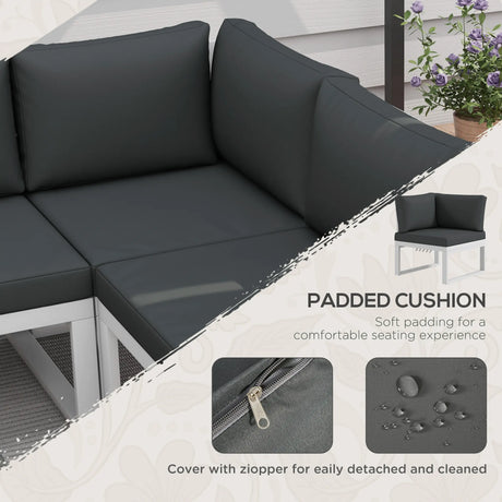 Outsunny 4 Pieces Garden Furniture Set, 5-Level Reclining Garden Corner Sofa Set, Outdoor Lounge Conversation Sectional with Cushions, Wood Effect Plastic Table, White Frame & Grey Cushion