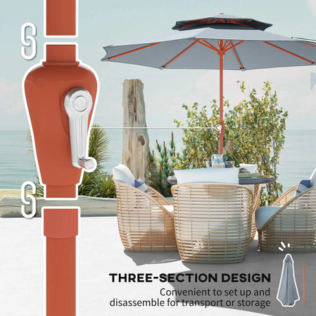 Outsunny 2.7 m Garden Parasol with Double Top Outdoor Market Table Umbrella with Crank System, Light Grey