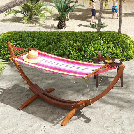 Outsunny Outdoor Hammock with Stand, Free Standing Hammock with Arc Wooden Frame and 200 x 100cm Fabric, Garden Swing Hanging Bed with Safe Ropes, Multicolour