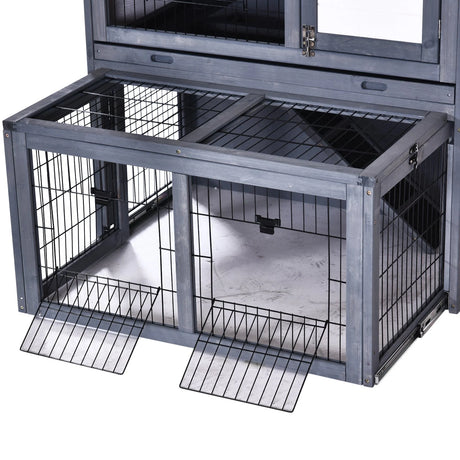PawHut Rabbits 2-Tier Fur Wood Outdoor Hutch Guinea Pigs Hutches Grey