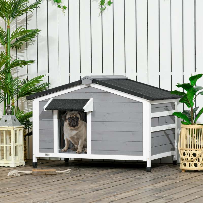 PawHut Wooden Dog Kennel for Outside, for Medium Dogs, 65H x 97L x 72Wcm, Grey