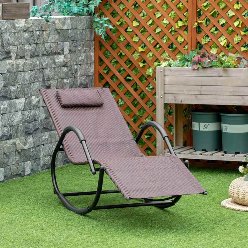 Outsunny Zero Gravity Rocking Lounge Chair Rattan Effect Patio Rocking Chair w/ Removable Pillow Recliner Seat Breathable Texteline - Brown