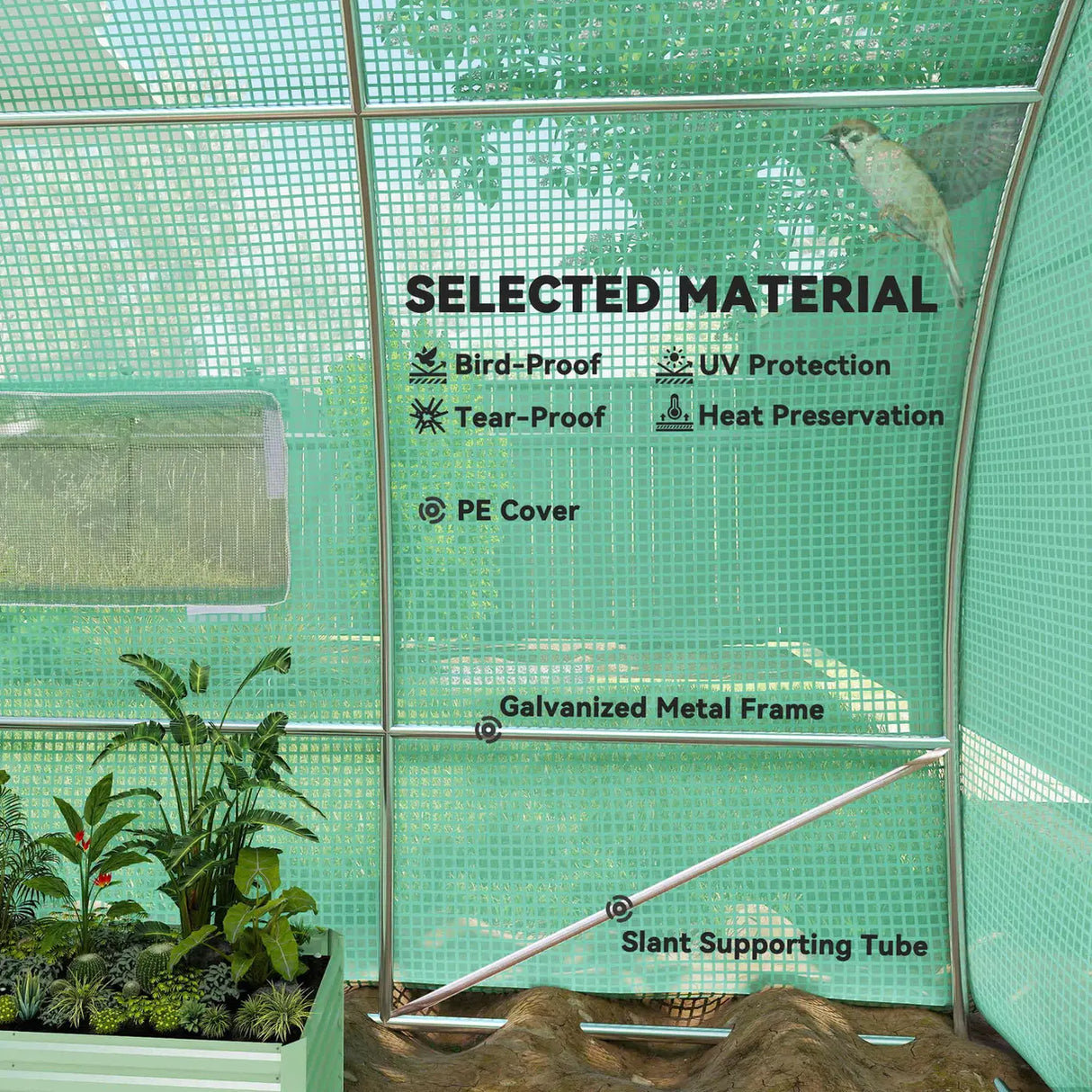 Outsunny Large Polytunnel Walk In Greenhouse, Plant Gardening Tunnel Green House with Metal Hinged Door, Galvanised Steel Frame & Mesh Windows, Green (3 x 6 m)