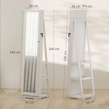 HOMCOM 360 Swivel Jewellery Cabinet, Free Standing Full Length Mirror with Storage, Lockable Jewellery Organiser with Built-in Makeup Mirror and Storage Shelves for Bedroom, White