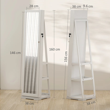 HOMCOM 360 Swivel Jewellery Cabinet, Free Standing Full Length Mirror with Storage, Lockable Jewellery Organiser with Built-in Makeup Mirror and Storage Shelves for Bedroom, White