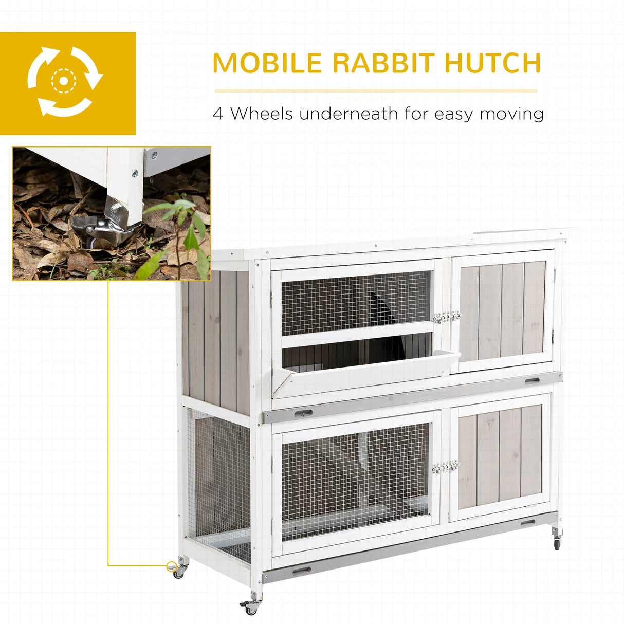 PawHut Wooden Pet Hutch, Two-Tier Cage with Rain Cover, Wheels, White