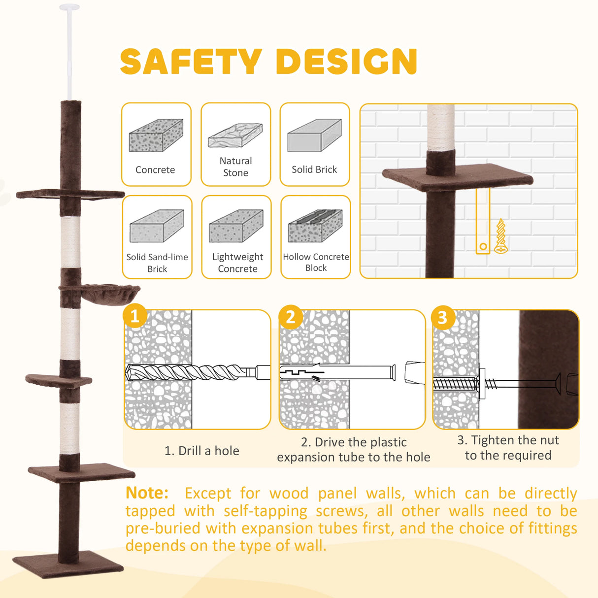 PawHut Floor to Ceiling Cat Tree Height Adjustable 230-260cm, 5-Tier Cat Tower with Scratching Post, Hammock, Perches, Climbing Activity Centre for Indoor Kittens, Brown