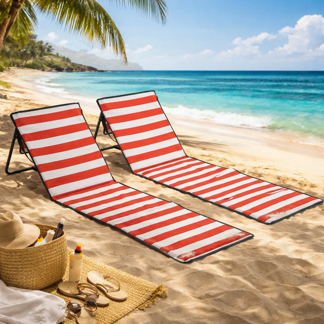 Outsunny Set of 2 Foldable Garden Beach Chair Mat, Outdoor Sun Lounger Seats with Adjustable Back, Magazine Pocket, Carry Bag