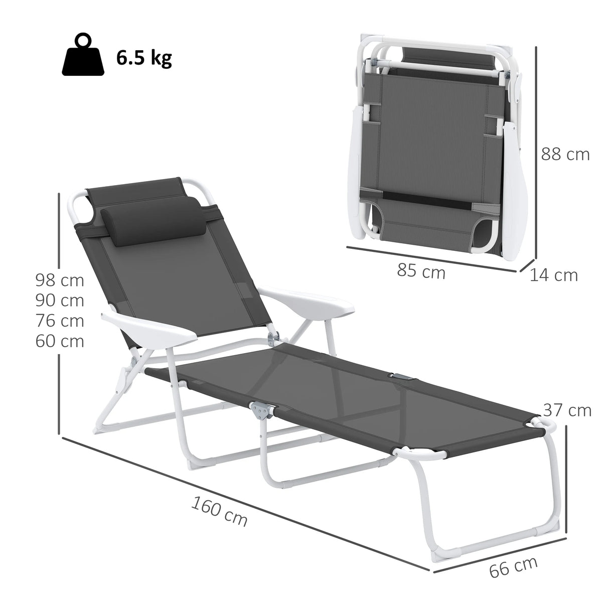 Outsunny Foldable Lounge Chair with 4-Level Adjustable Backrest & Headrest - Charcoal Grey