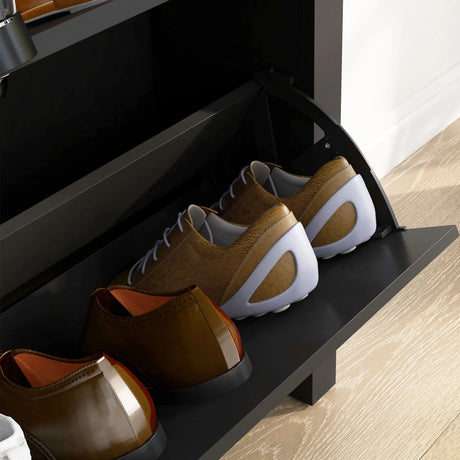 HOMCOM 2 Drawer Shoe Cabinet Modern Narrow Shoe Cupboard Hallway Wooden Storage Organiser with Flip Doors Adjustable Shelf for 6-12 Pairs, Black