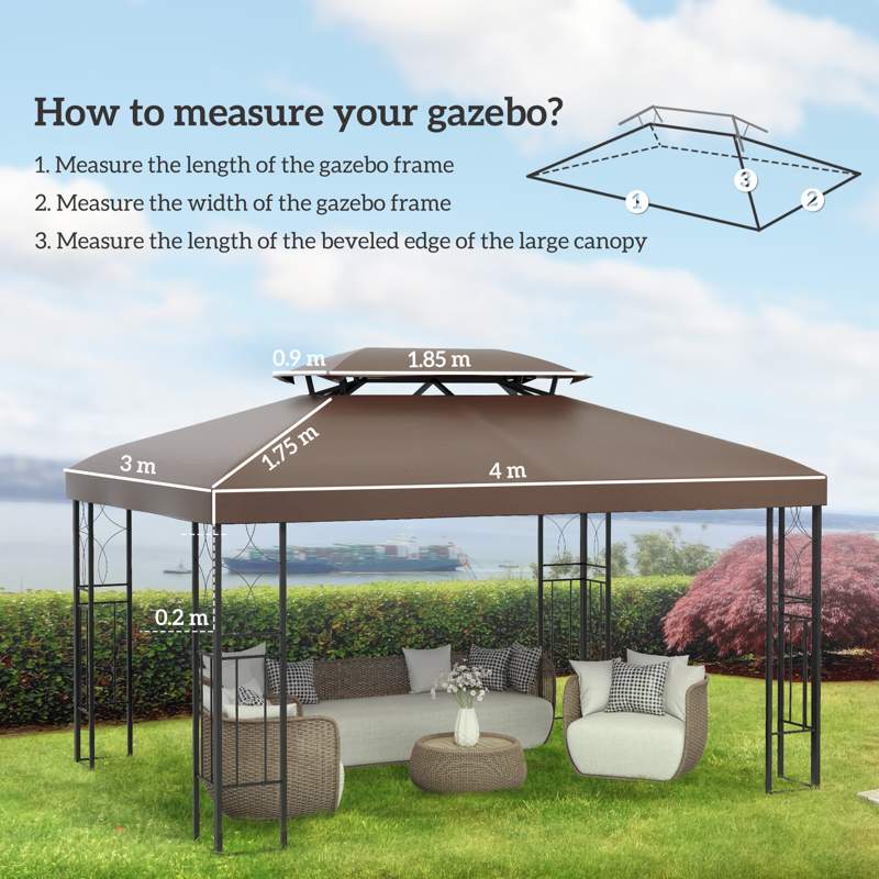 Outsunny 3x4m Gazebo Canopy Replacement Cover, 2 Tier Top Roof UV Cover Garden Patio Outdoor Sun Awning Shelters, Brown  (TOP COVER ONLY)