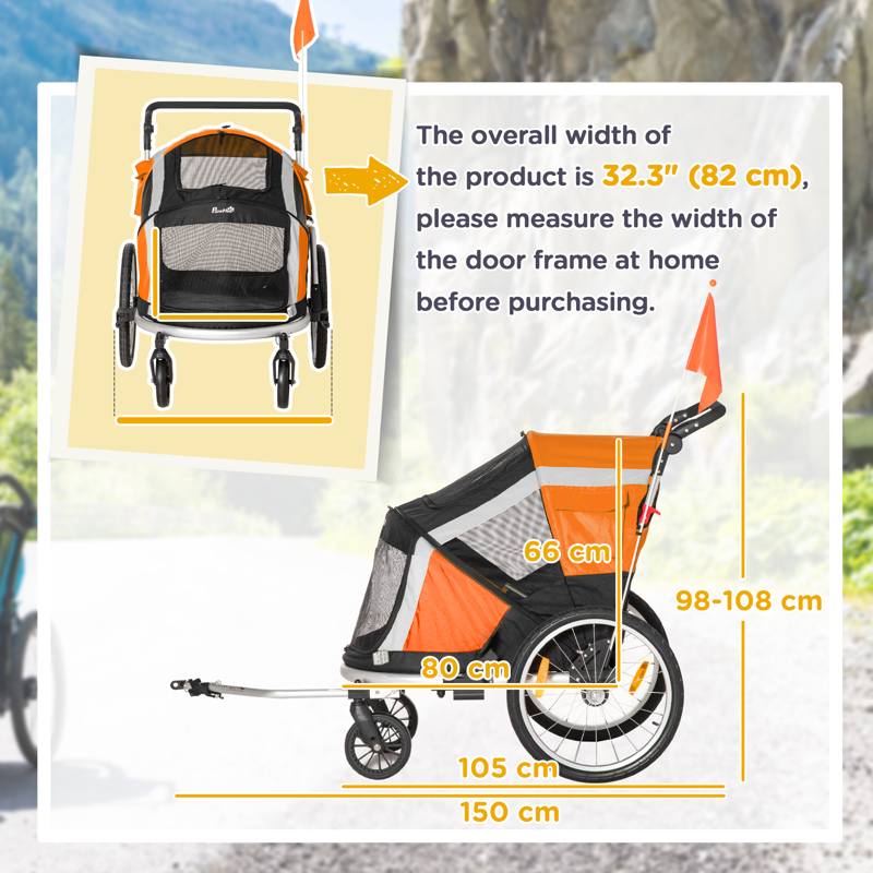 PawHut Dog Bike Trailer 2-in-1 Pet Stroller for Large Dogs Cart Foldable Bicycle Carrier Aluminium Frame with Safety Leash Hitch Coupler Reflector Flag Orange