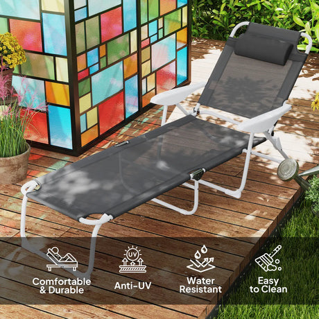 Outsunny Foldable Lounge Chair with 4-Level Adjustable Backrest & Headrest - Charcoal Grey
