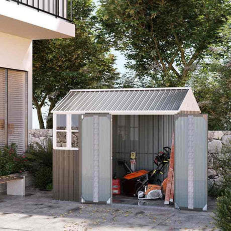 Outsunny 8 x 6 ft Galvanised Garden Shed, Outsoor Metal Storage Shed with Double Doors Window Air Vents for Patio, Lawn, Grey