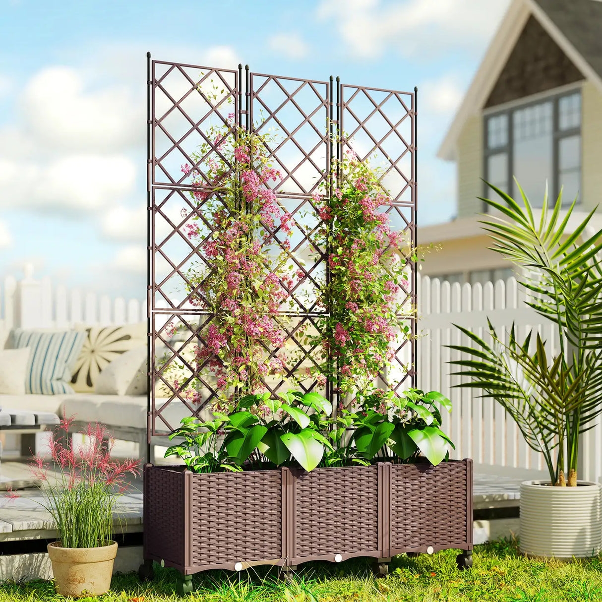Outsunny Plastic Raised Planter with Trellis, Self Watering Raised Bed for Garden with Wheels, Drainage Holes and Plugs