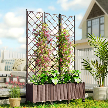 Outsunny Plastic Raised Planter with Trellis, Self Watering Raised Bed for Garden with Wheels, Drainage Holes and Plugs