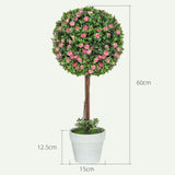 HOMCOM Set of 2 Decorative Artificial Plants, Ball Topiary Tree with Rose Flower in Pot, Fake Plants for Home Indoor Outdoor Decor, 60cm, Pink