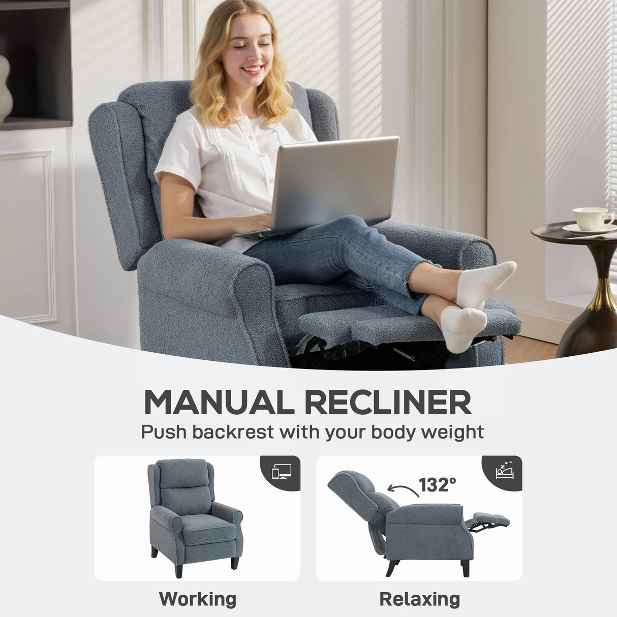HOMCOM Recliner Armchair with Extended Leg Rest - Grey