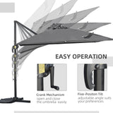 Outsunny 2.7 x 2.7 m Cantilever Parasol, Square Overhanging Umbrella with Cross Base, Crank Handle, Tilt, 360 Rotation and Aluminium Frame, Dark Grey
