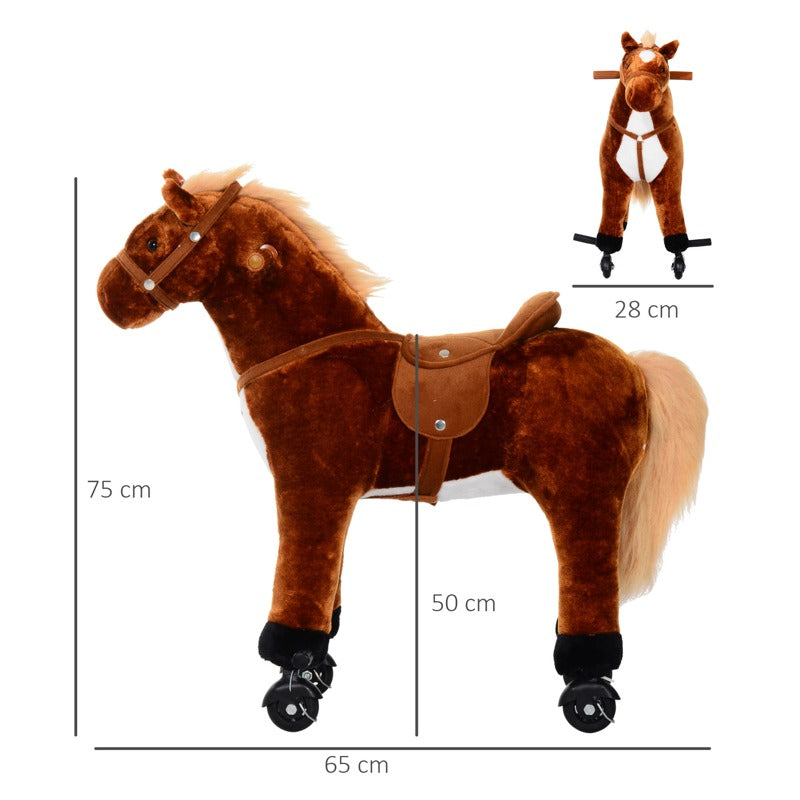 HOMCOM Plush Walking Horse Ride On Toy with Wheels and Realistic Sounds Rocking Horse for Girls Boys 3+ Years Old, 50cm Tall, Brown